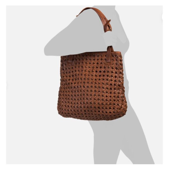 VILENCA HOLLAND Handbag Leather Woven Cut Out Buckle Tote Cognac New - Picture 3 of 14